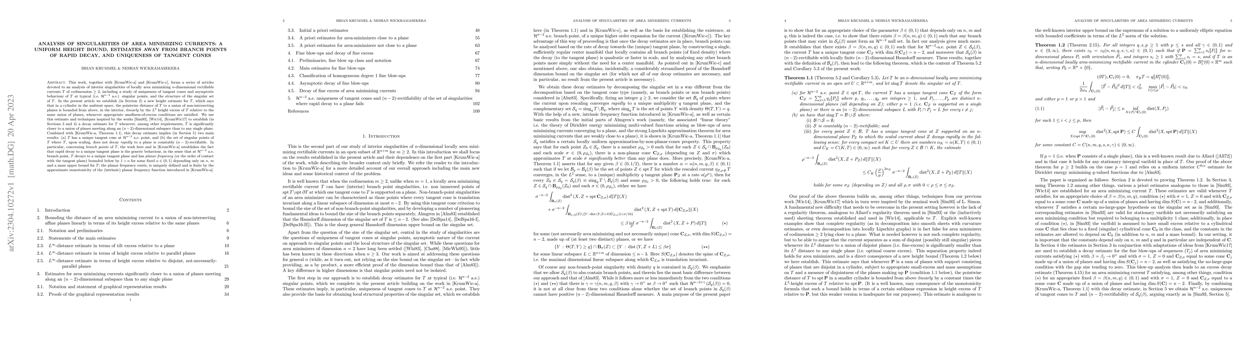 Thumbnail for Analysis of singularities of area minimizing currents: a uniform height
  bound, estimates away from branch points of rapid decay, and uniqueness of
  tangent cones