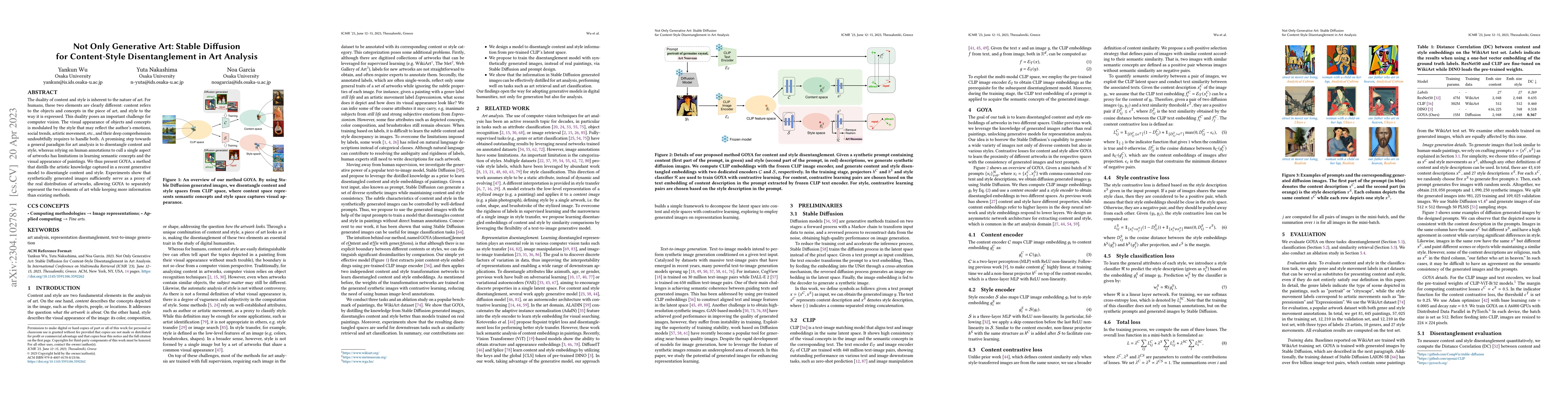 Thumbnail for Not Only Generative Art: Stable Diffusion for Content-Style
  Disentanglement in Art Analysis