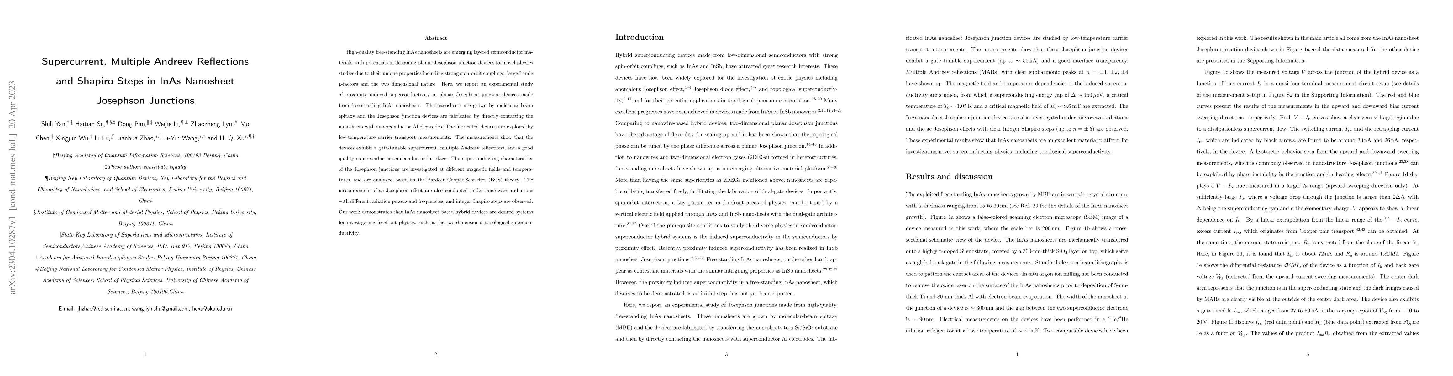 Thumbnail for Supercurrent, Multiple Andreev Reflections and Shapiro Steps in InAs
  Nanosheet Josephson Junctions
