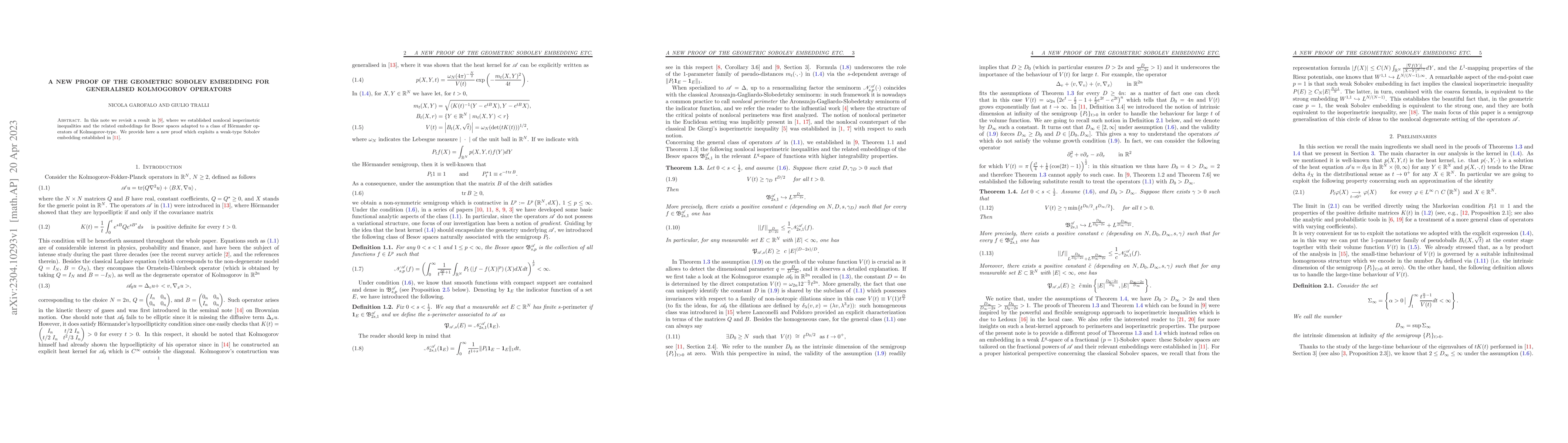 Thumbnail for A new proof of the geometric Sobolev embedding for generalised
  Kolmogorov operators