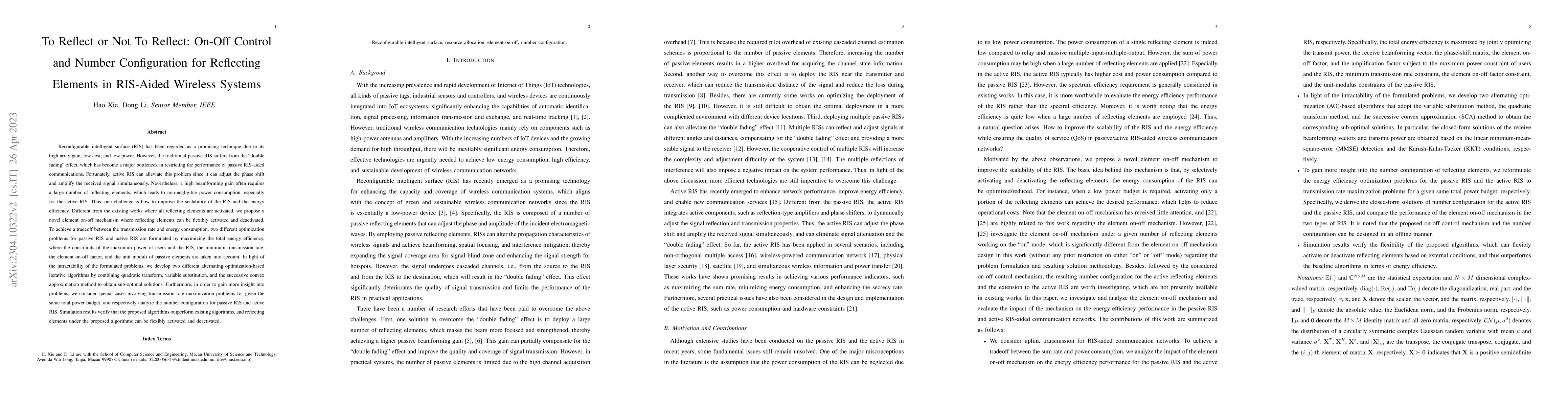 Thumbnail for To Reflect or Not To Reflect: On-Off Control and Number Configuration
  for Reflecting Elements in RIS-Aided Wireless Systems