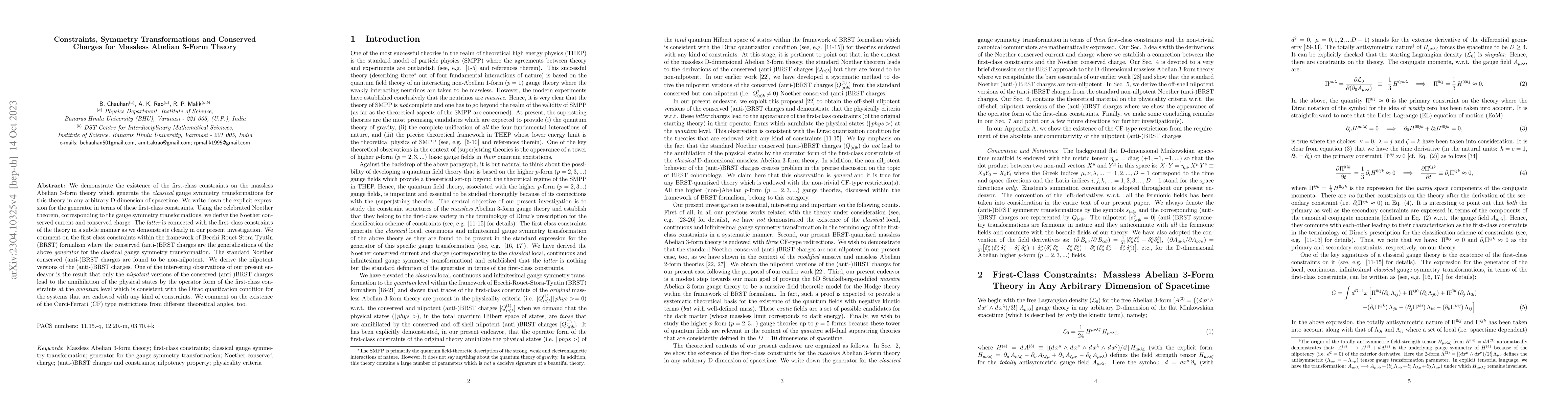 Thumbnail for Constraints, Symmetry Transformations and Conserved Charges for Massless
  Abelian 3-Form Theory