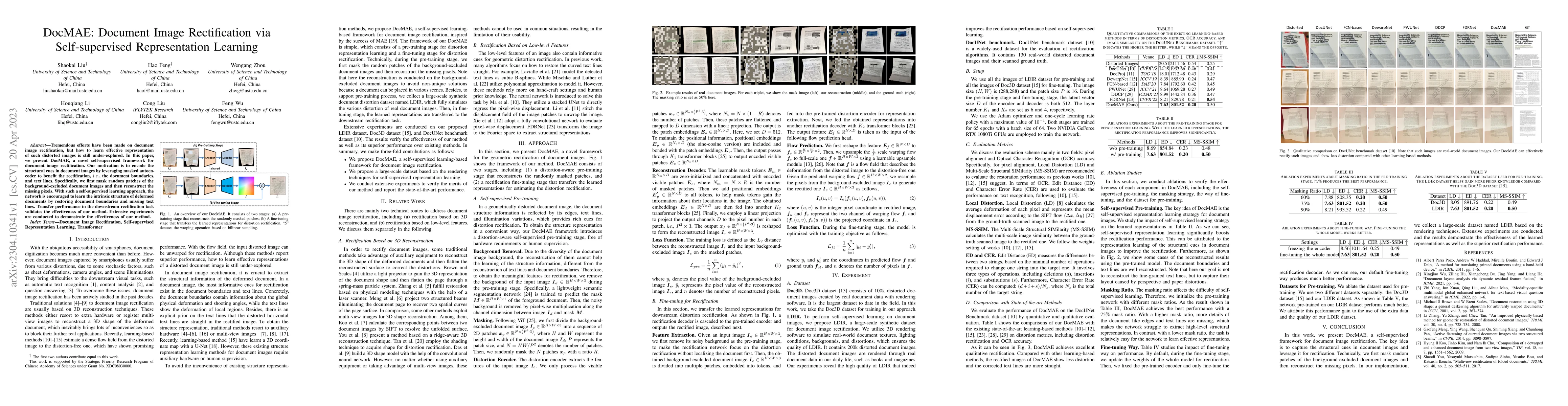 Thumbnail for DocMAE: Document Image Rectification via Self-supervised Representation
  Learning