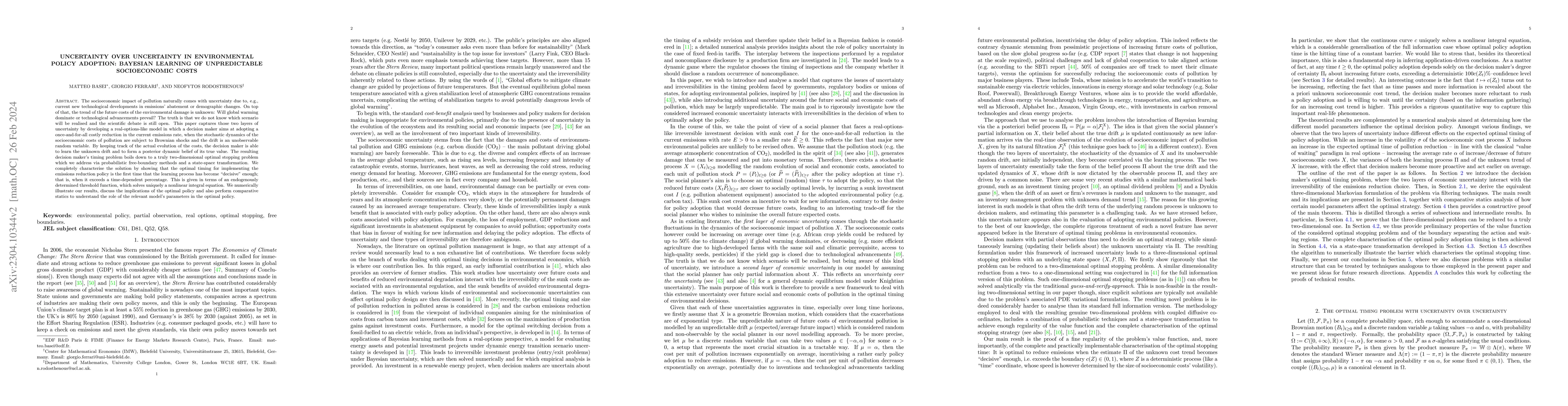 Thumbnail for Uncertainty over Uncertainty in Environmental Policy Adoption: Bayesian
  Learning of Unpredictable Socioeconomic Costs