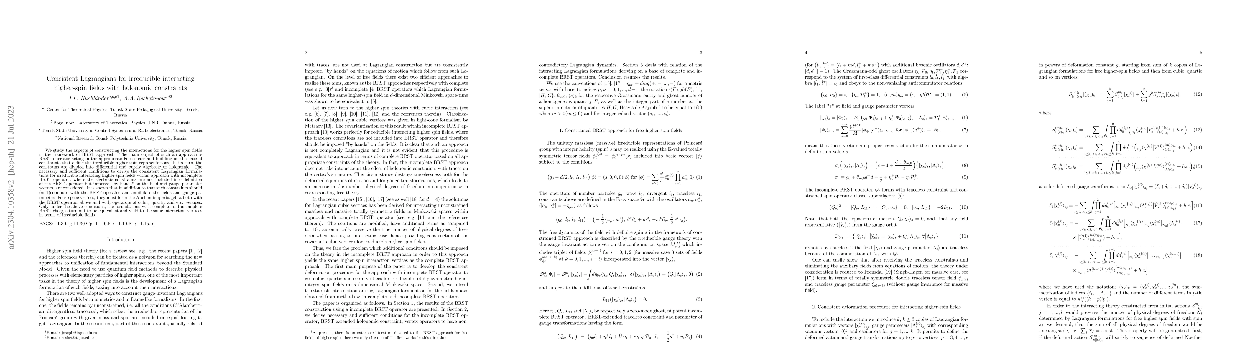 Thumbnail for Consistent Lagrangians for irreducible interacting higher-spin fields
  with holonomic constraints