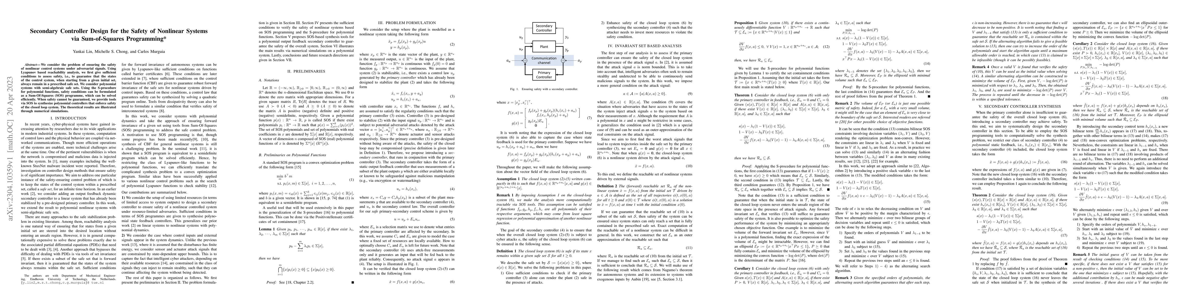 Thumbnail for Secondary Controller Design for the Safety of Nonlinear Systems via
  Sum-of-Squares Programming