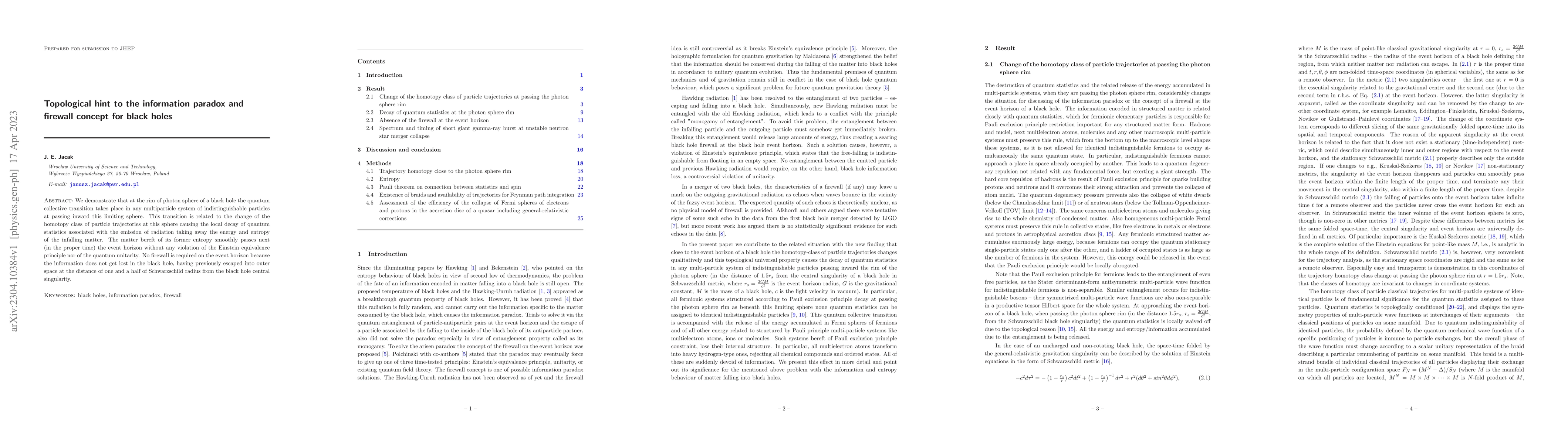 Thumbnail for Topological hint to the information paradox and firewall concept for
  black holes
