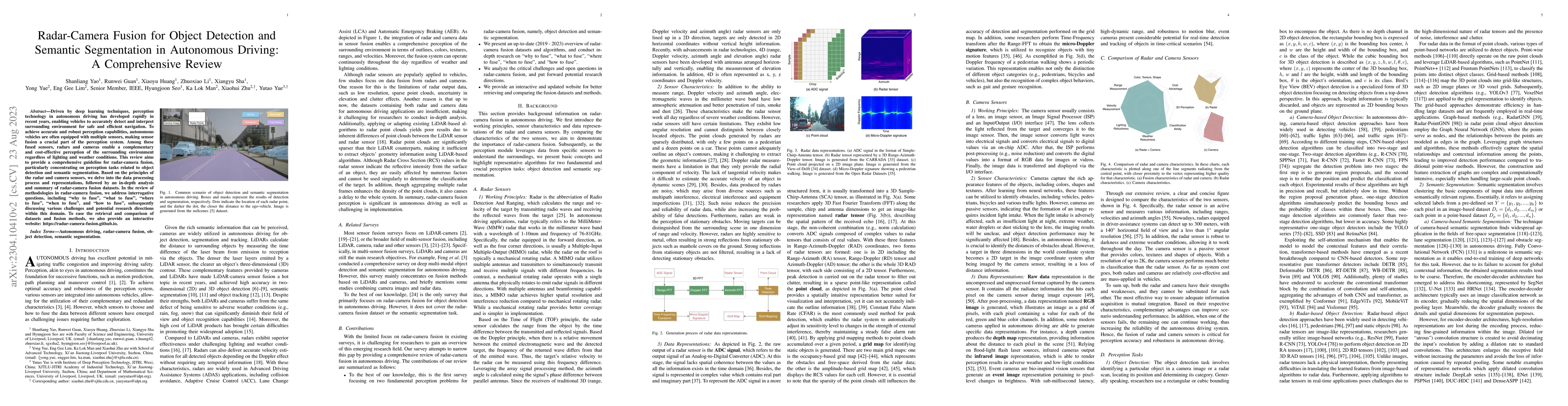 Thumbnail for Radar-Camera Fusion for Object Detection and Semantic Segmentation in
  Autonomous Driving: A Comprehensive Review