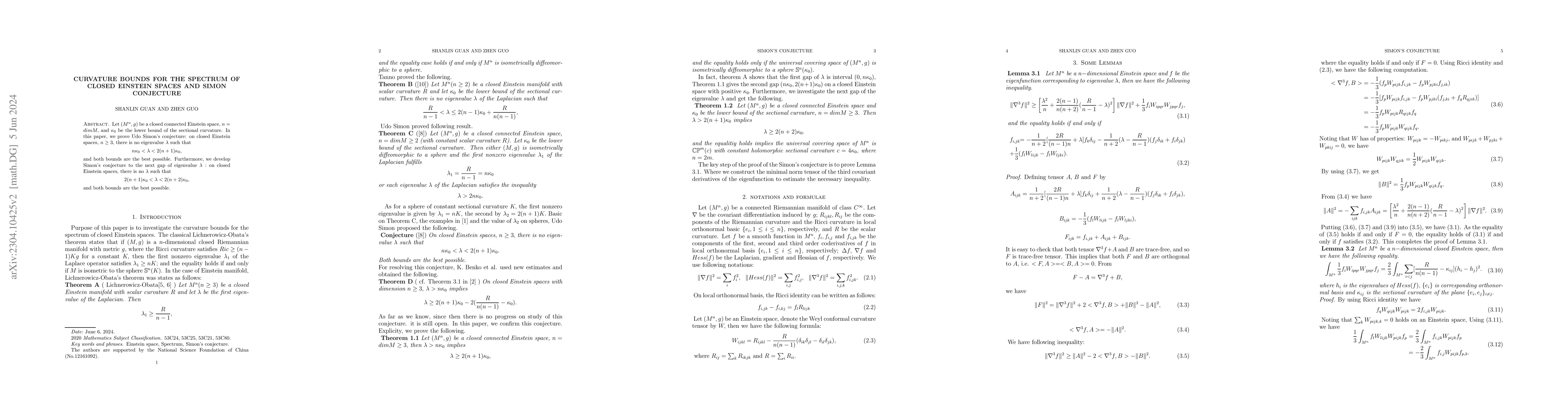 Thumbnail for Curvature bounds for the spectrum of closed Einstein spaces and Simon
  conjecture