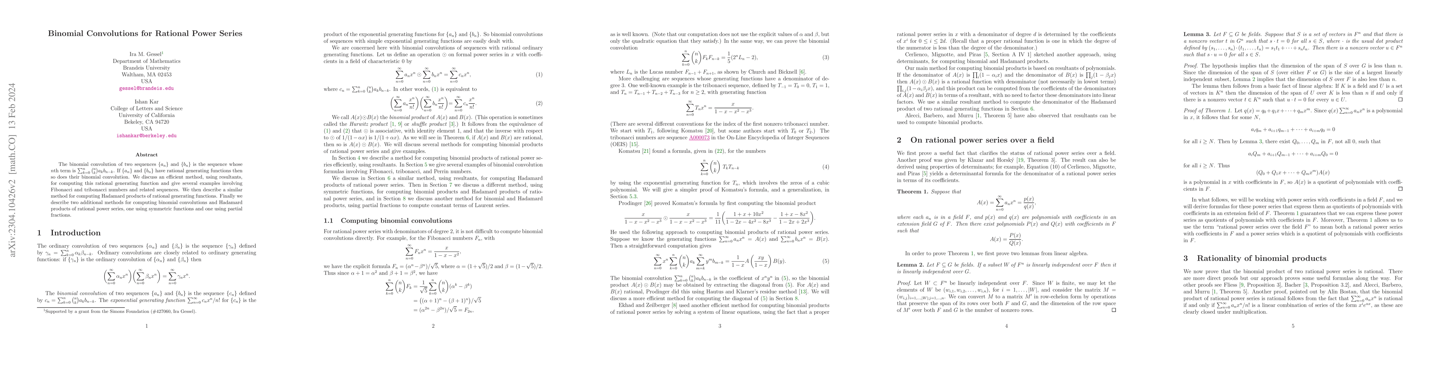Thumbnail for Binomial convolutions for rational power series