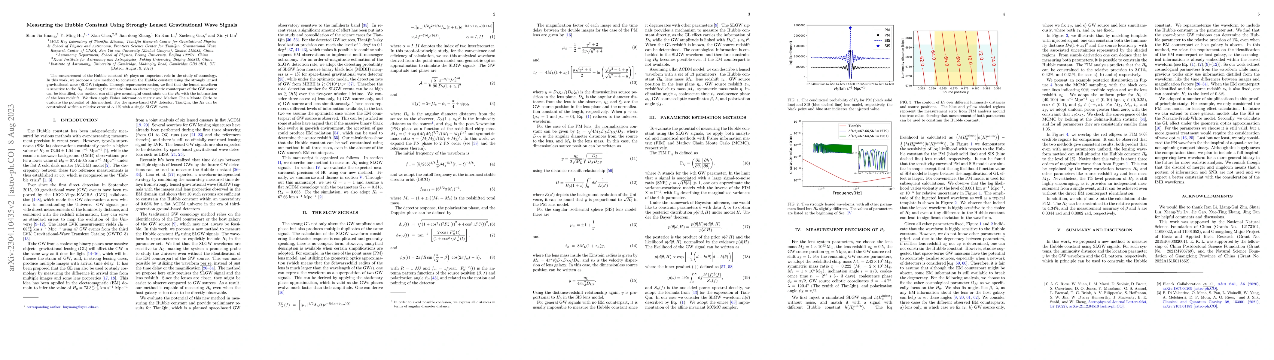 Thumbnail for Measuring the Hubble Constant Using Strongly Lensed Gravitational Wave
  Signals