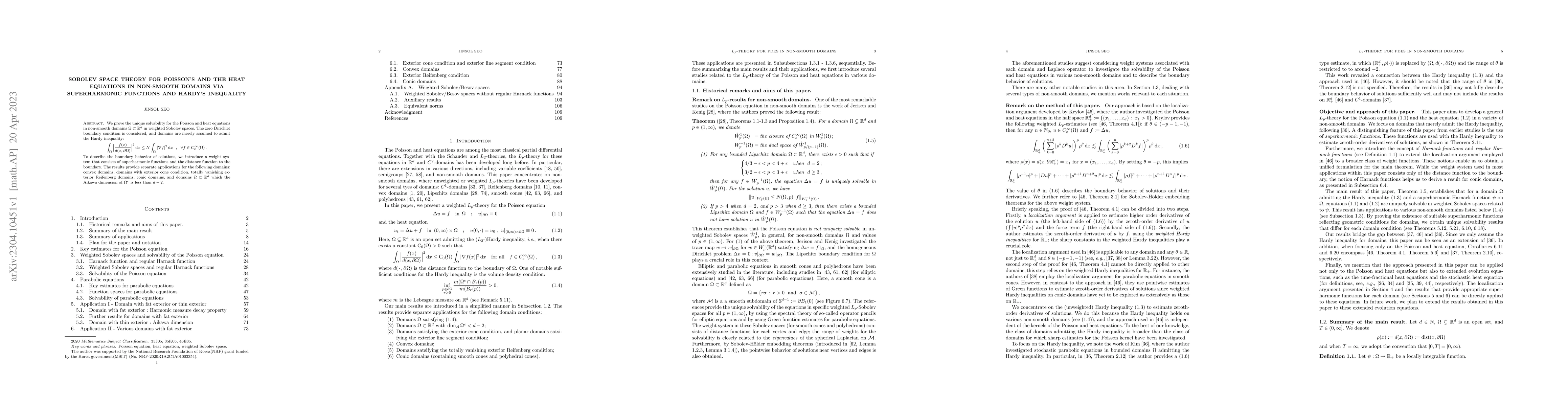 Thumbnail for Sobolev space theory for Poisson's and the heat equations in non-smooth
  domains via superharmonic functions and Hardy's inequality