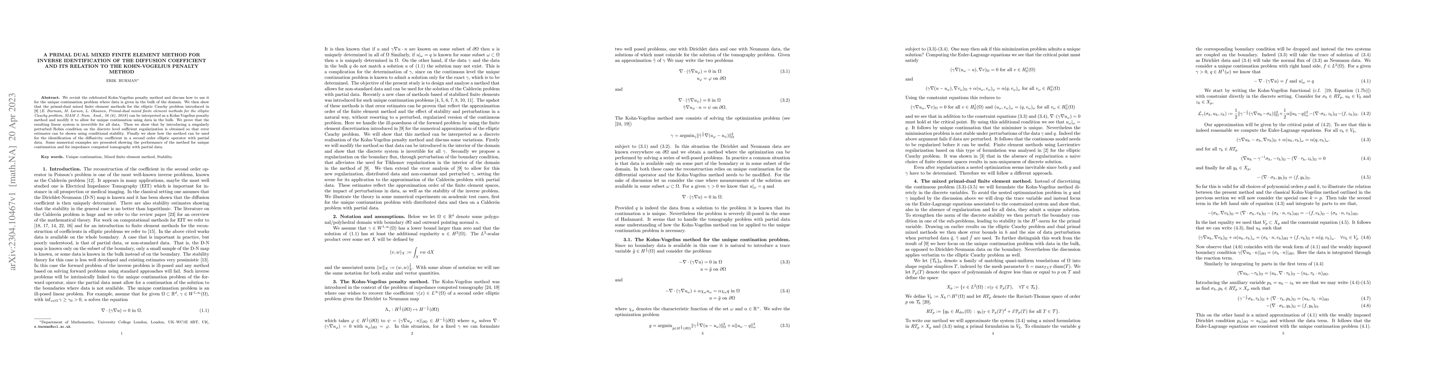 Thumbnail for A primal dual mixed finite element method for inverse identification of
  the diffusion coefficient and its relation to the Kohn-Vogelius penalty
  method