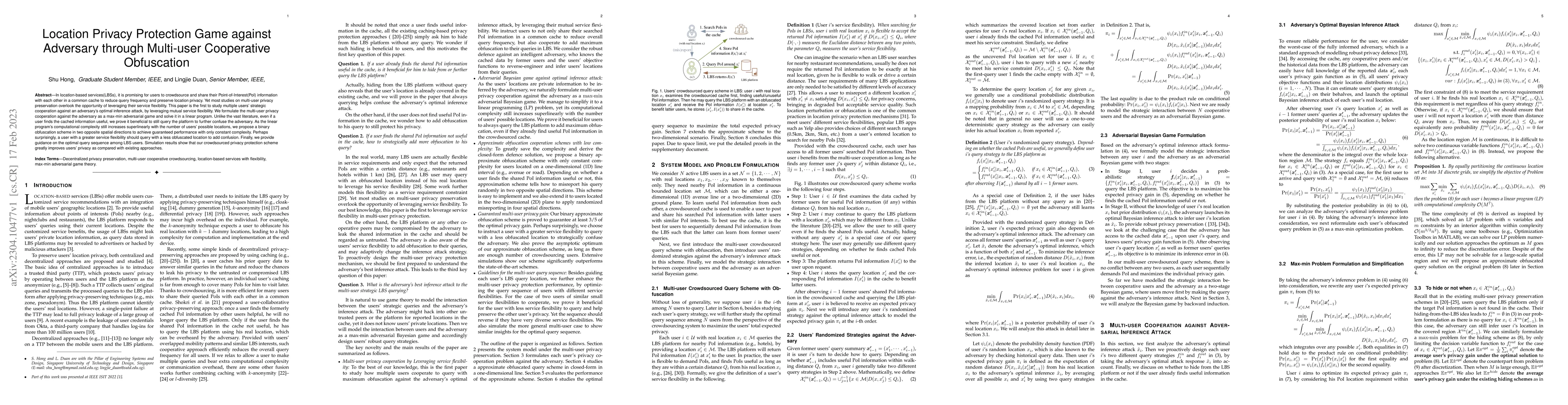 Thumbnail for Location Privacy Protection Game against Adversary through Multi-user
  Cooperative Obfuscation