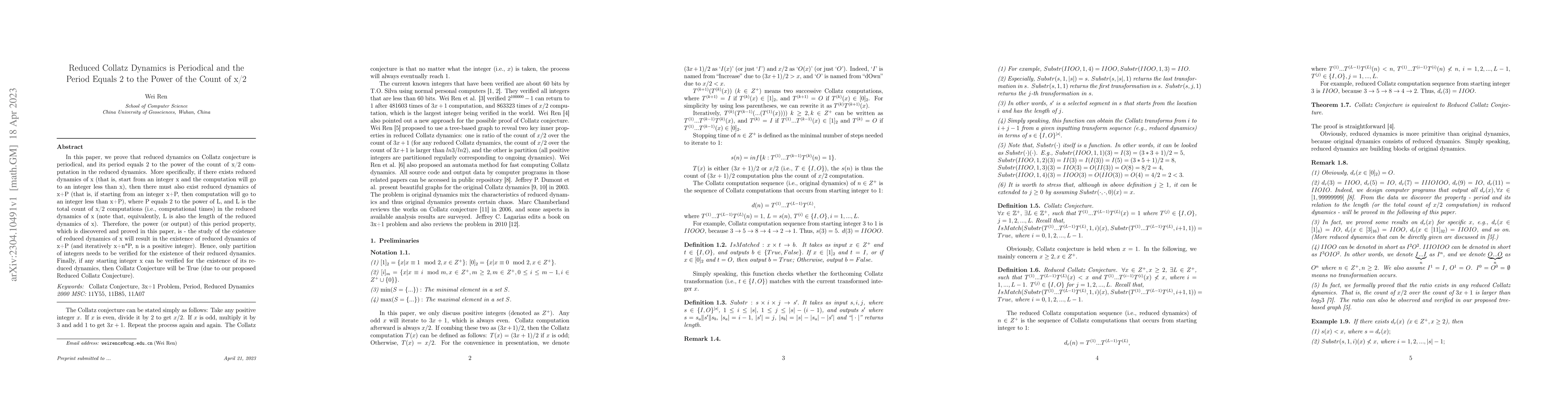 Thumbnail for Reduced Collatz Dynamics is Periodical and the Period Equals 2 to the
  Power of the Count of x/2