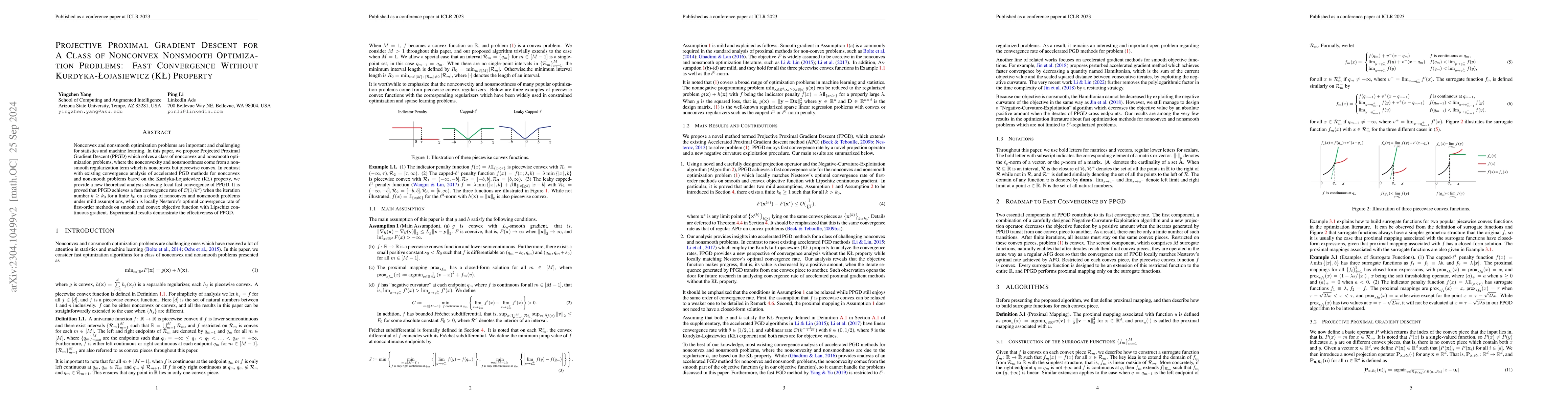 Thumbnail for Projective Proximal Gradient Descent for A Class of Nonconvex Nonsmooth
  Optimization Problems: Fast Convergence Without Kurdyka-Lojasiewicz (KL)
  Property