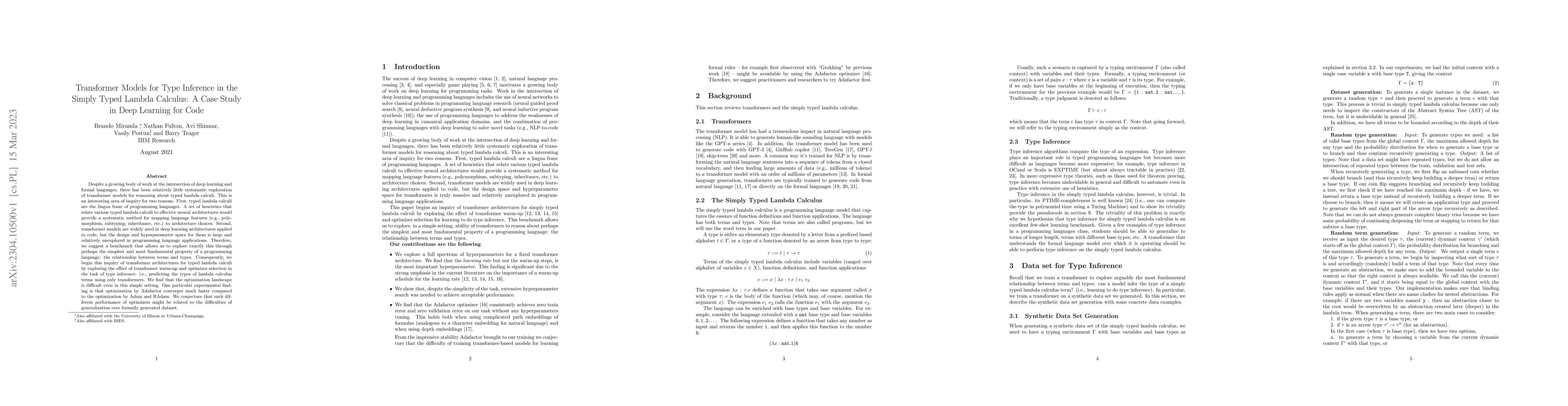 Thumbnail for Transformer Models for Type Inference in the Simply Typed Lambda
  Calculus: A Case Study in Deep Learning for Code