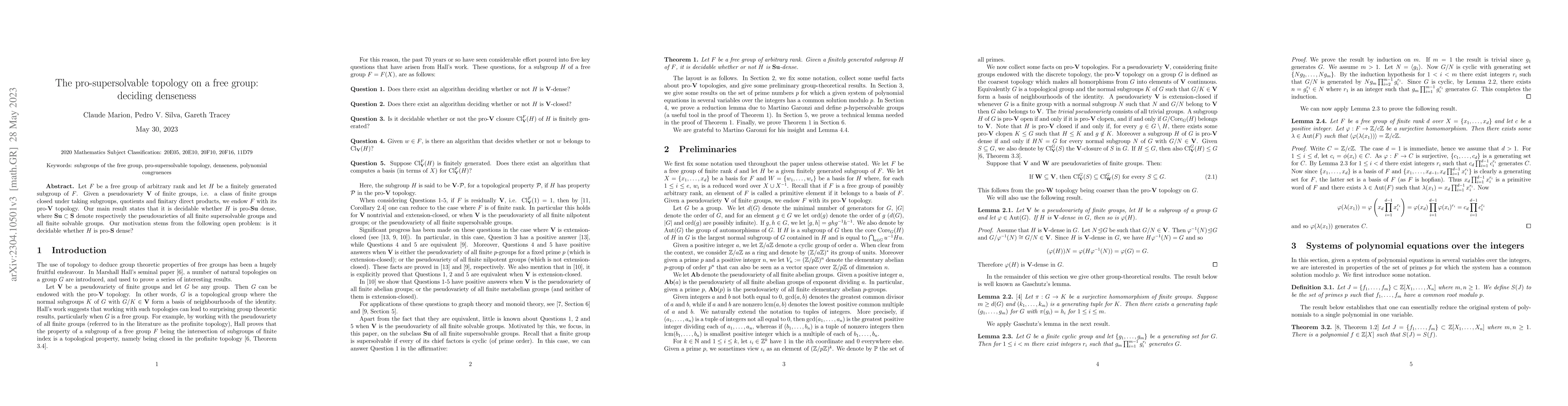 Thumbnail for The pro-supersolvable topology on a free group: deciding denseness