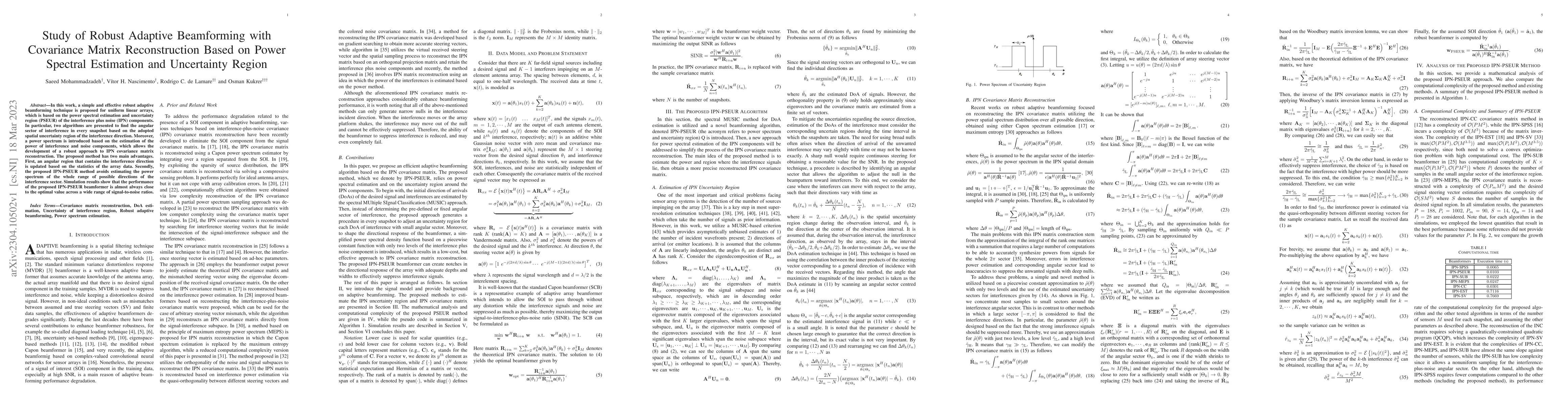 Thumbnail for Study of Robust Adaptive Beamforming with Covariance Matrix
  Reconstruction Based on Power Spectral Estimation and Uncertainty Region