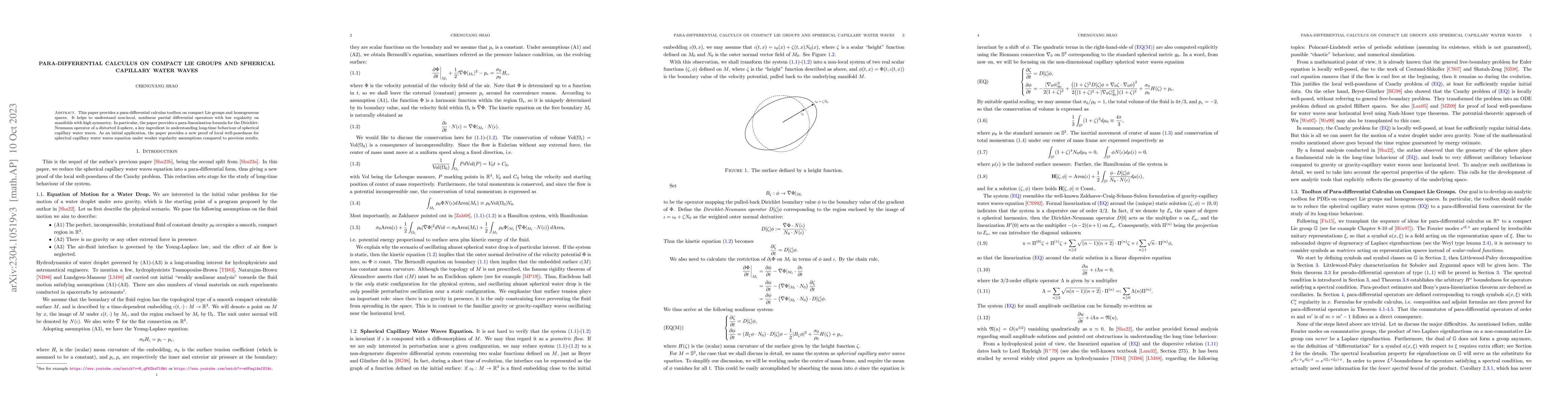 Thumbnail for Para-differential Calculus on Compact Lie Groups and Spherical Capillary
  Water Waves