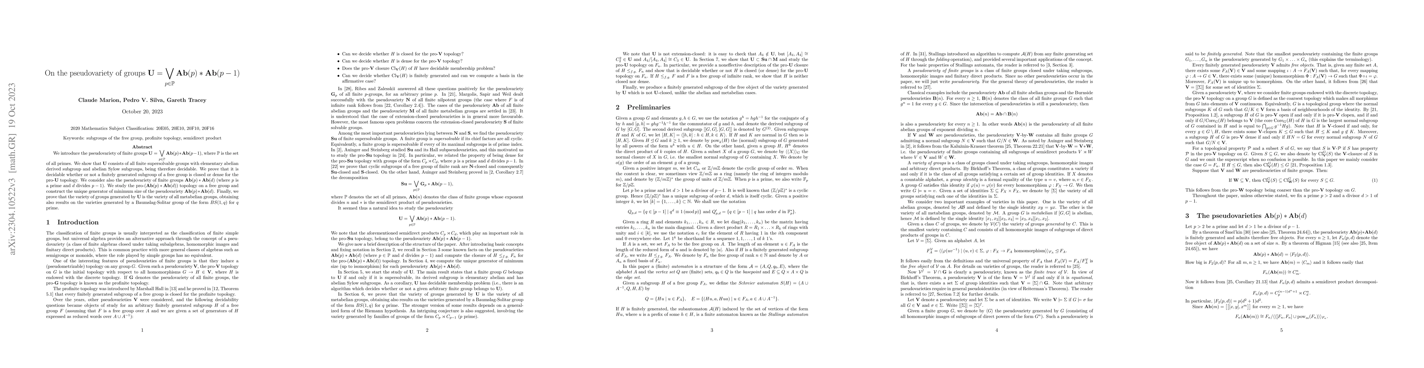 Thumbnail for On the pseudovariety of groups $\mathbf{U} = \displaystyle\bigvee_{p \in
  \mathbb{P}} {\bf Ab}(p) \ast {\bf Ab}(p-1)$