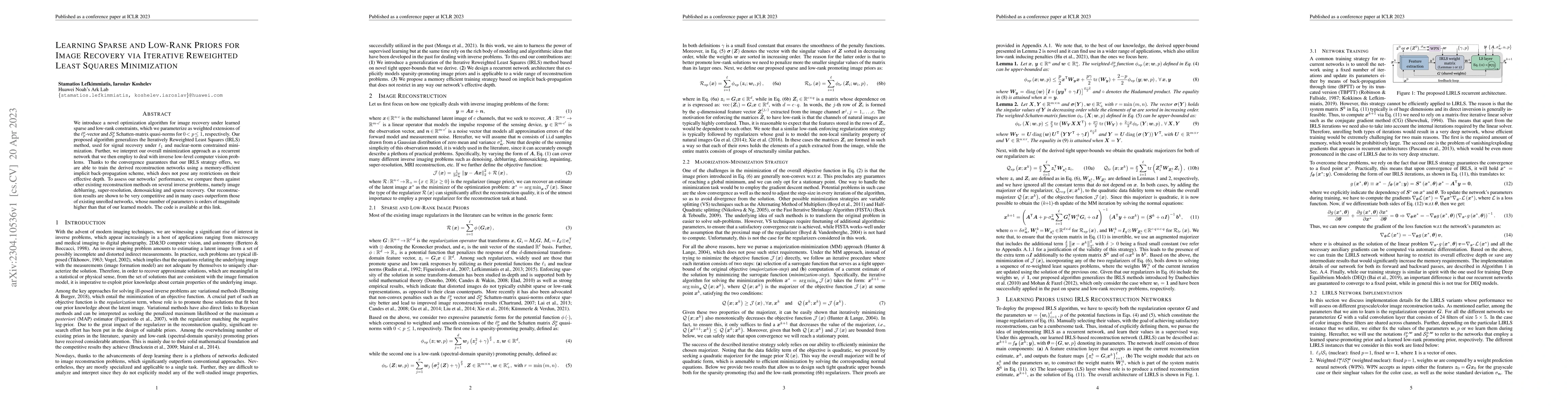 Thumbnail for Learning Sparse and Low-Rank Priors for Image Recovery via Iterative
  Reweighted Least Squares Minimization