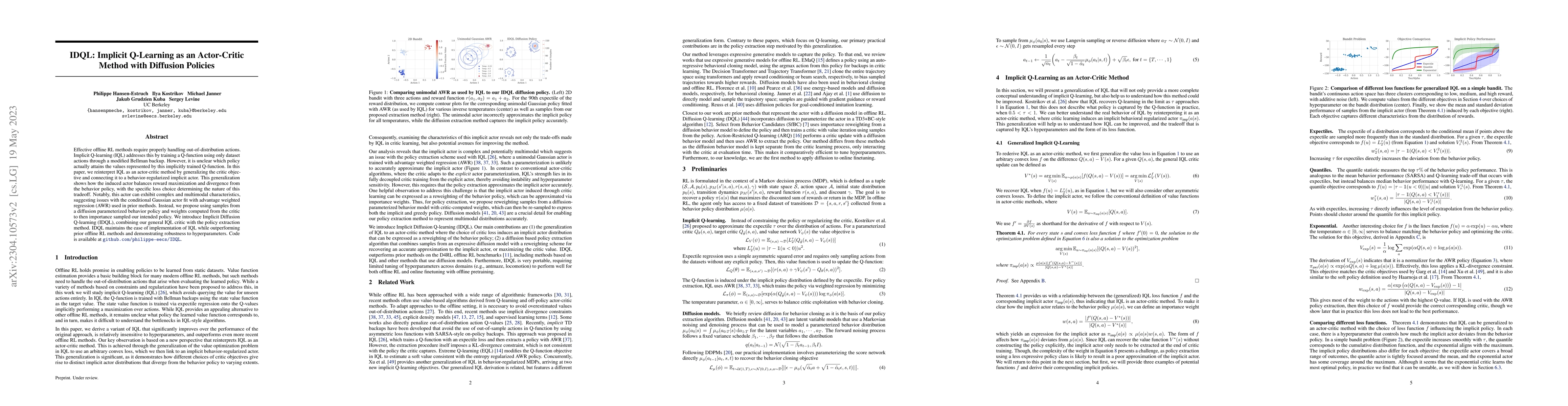 Thumbnail for IDQL: Implicit Q-Learning as an Actor-Critic Method with Diffusion
  Policies