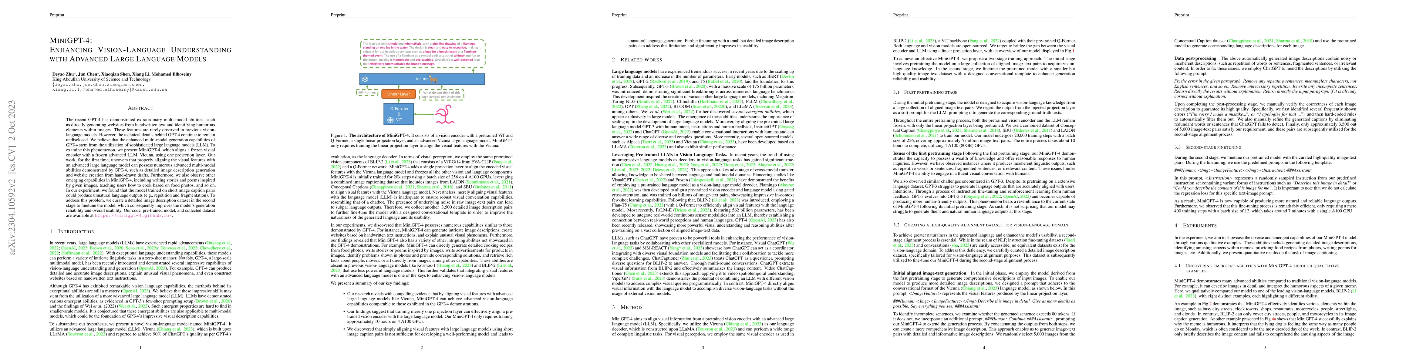 Thumbnail for MiniGPT-4: Enhancing Vision-Language Understanding with Advanced Large
  Language Models