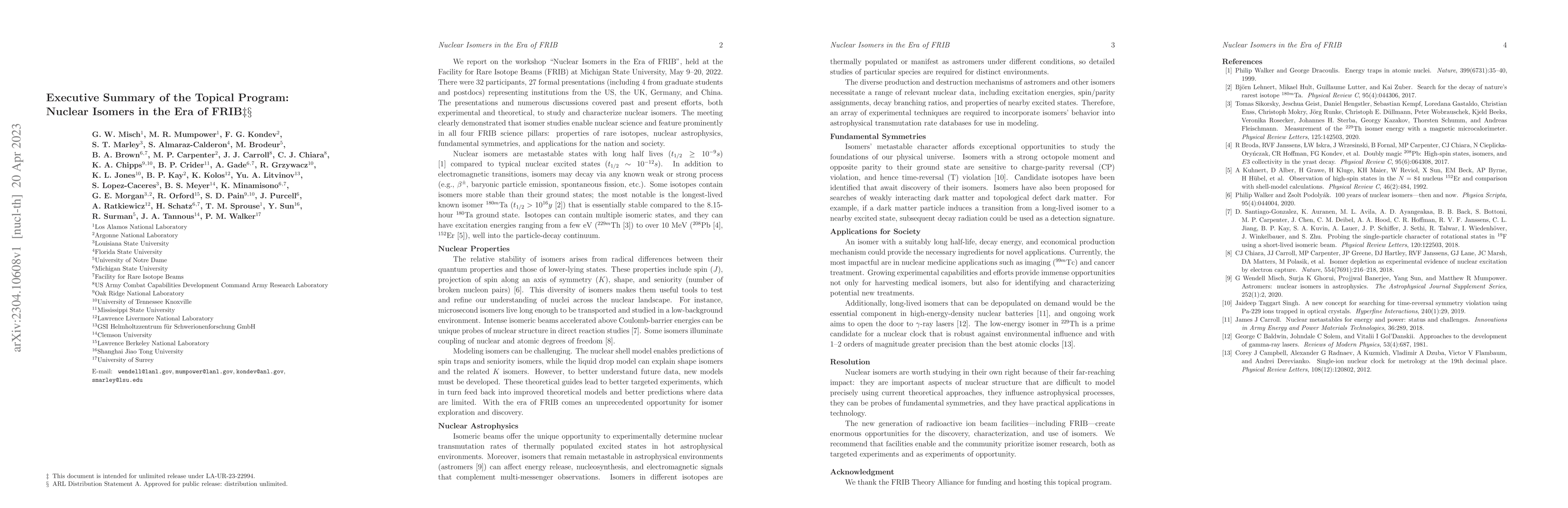 Thumbnail for Executive Summary of the Topical Program: Nuclear Isomers in the Era of
  FRIB