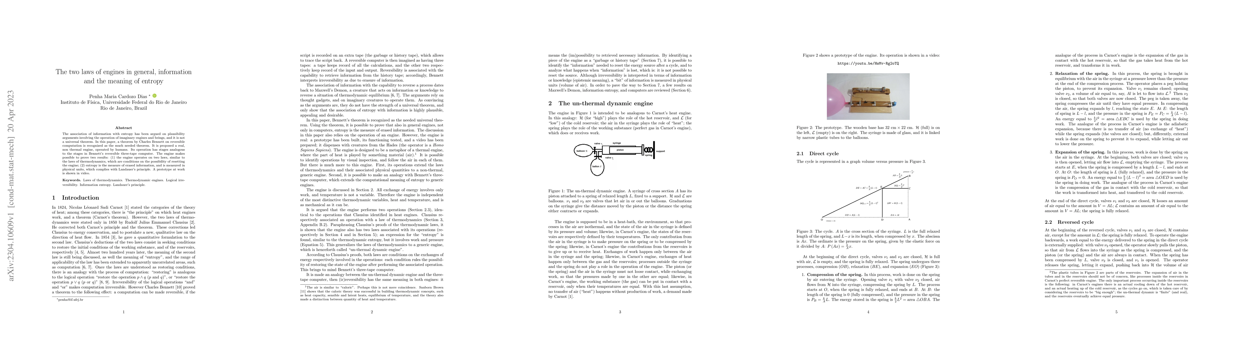 Thumbnail for The two laws of engines in general, information and the meaning of
  entropy