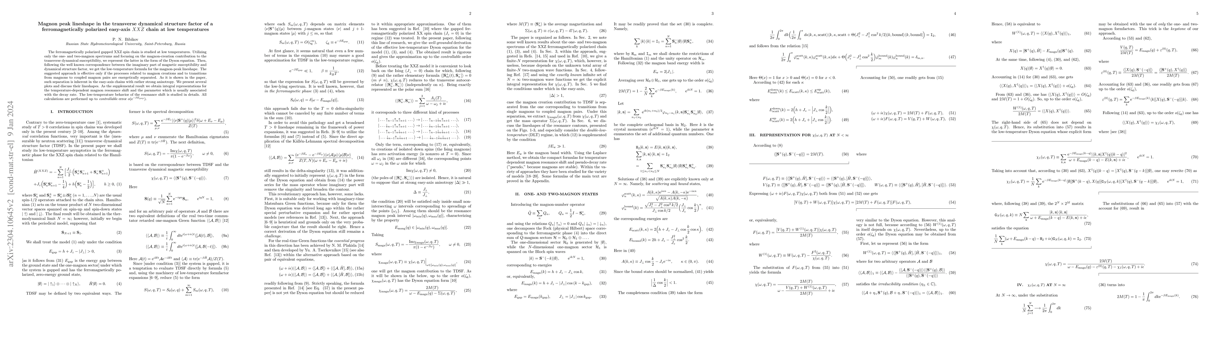 Thumbnail for Magnon peak lineshape in the transverse dynamical structure factor of a
  magnetically polarized easy-axis $XXZ$ chain at low temperatures