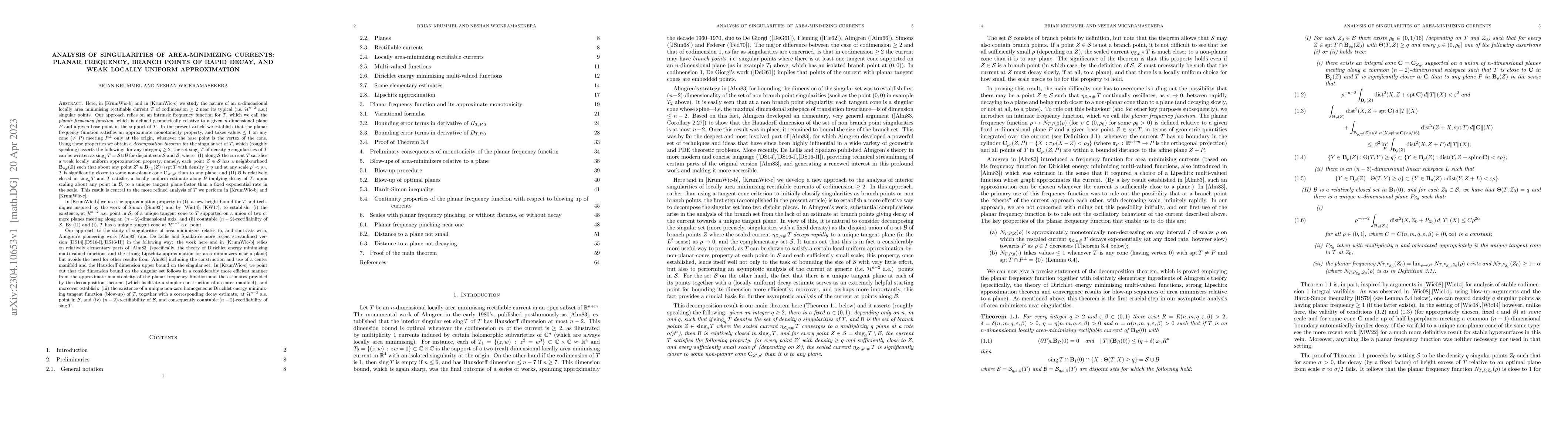 Thumbnail for Analysis of singularities of area minimizing currents: planar frequency,
  branch points of rapid decay, and weak locally uniform approximation