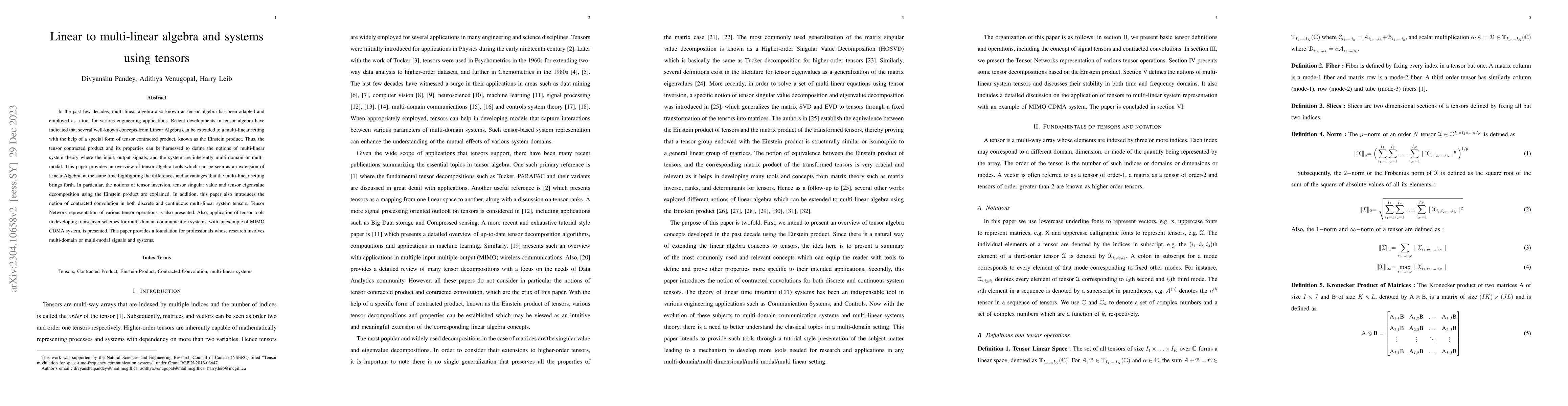 Thumbnail for Linear to multi-linear algebra and systems using tensors