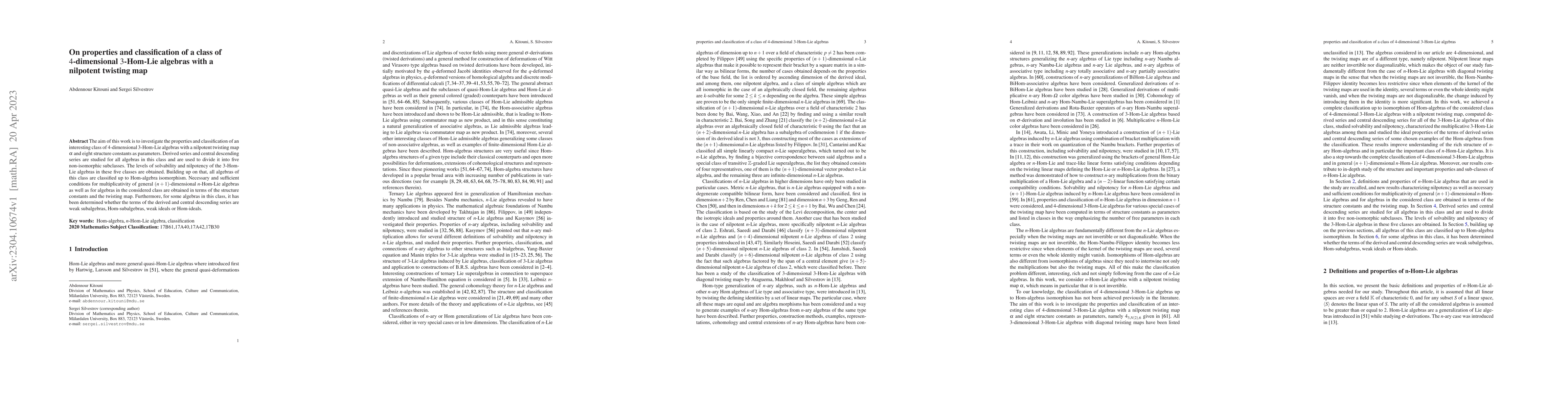 Thumbnail for On properties and classification of a class of $4$-dimensional
  $3$-Hom-Lie algebras with a nilpotent twisting map