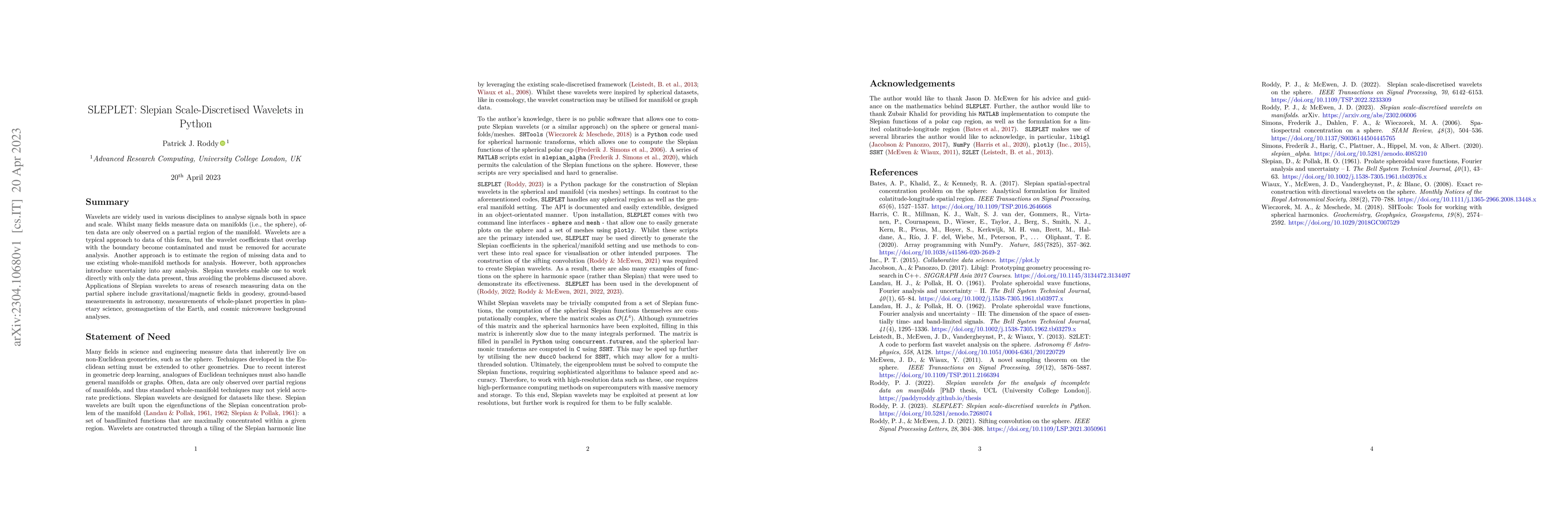 Thumbnail for SLEPLET: Slepian Scale-Discretised Wavelets in Python