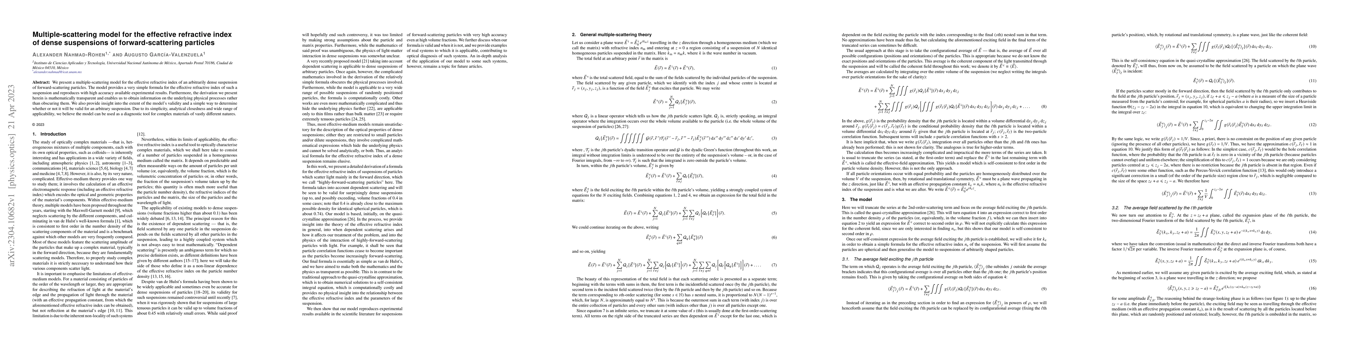 Thumbnail for Multiple-scattering model for the effective refractive index of dense
  suspensions of forward-scattering particles