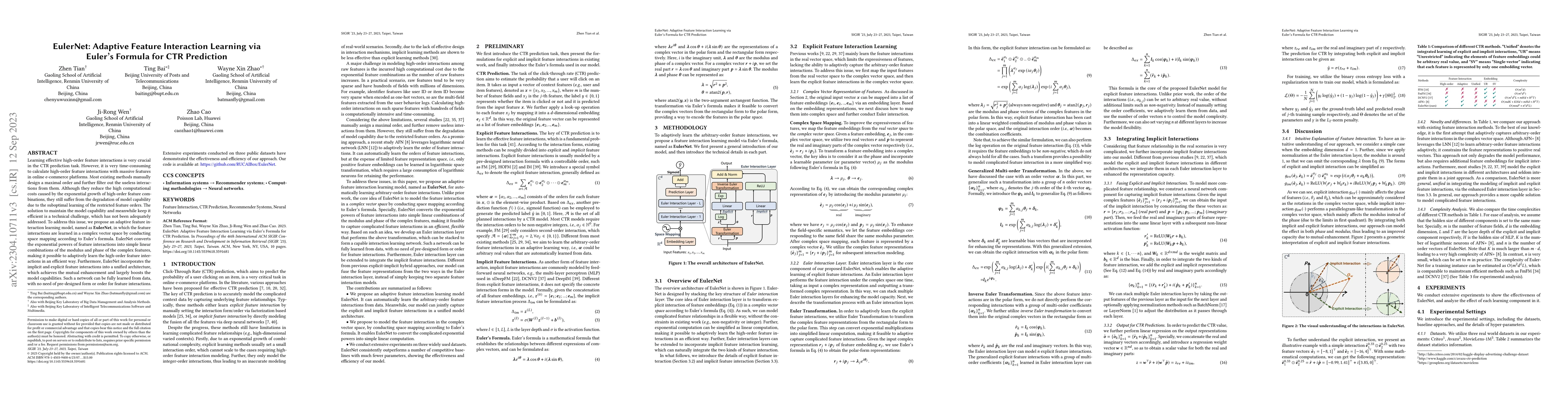 Thumbnail for EulerNet: Adaptive Feature Interaction Learning via Euler's Formula for
  CTR Prediction