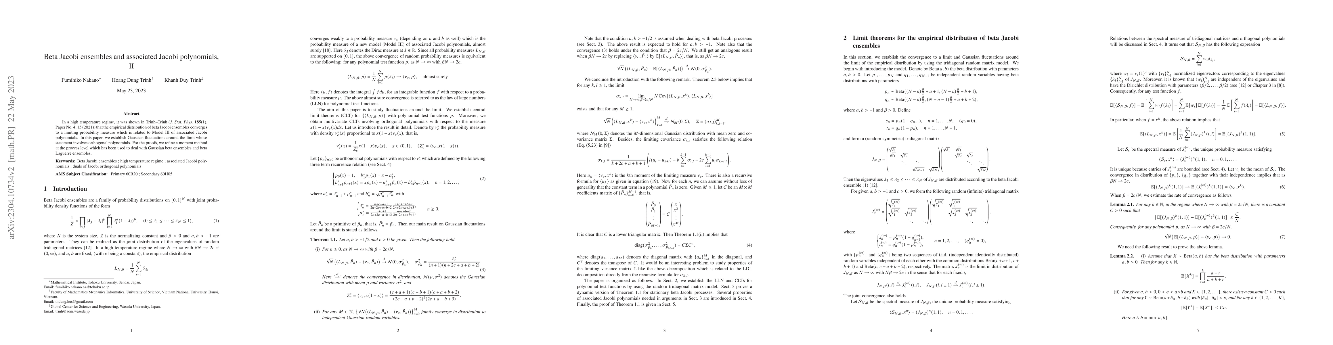 Thumbnail for Beta Jacobi ensembles and associated Jacobi polynomials, II