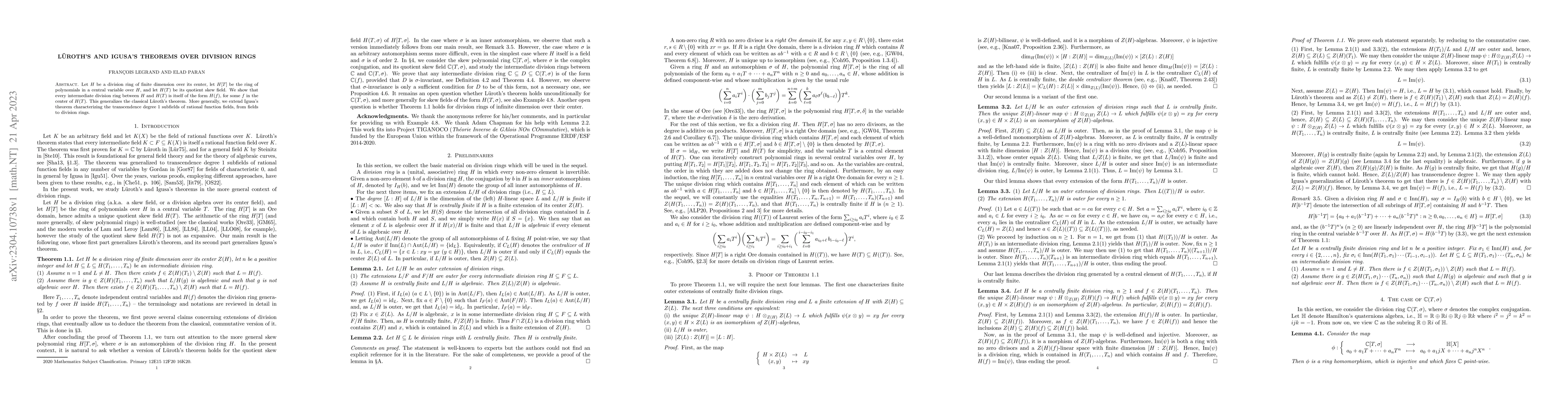 Thumbnail for L\"uroth's and Igusa's theorems over Division Rings