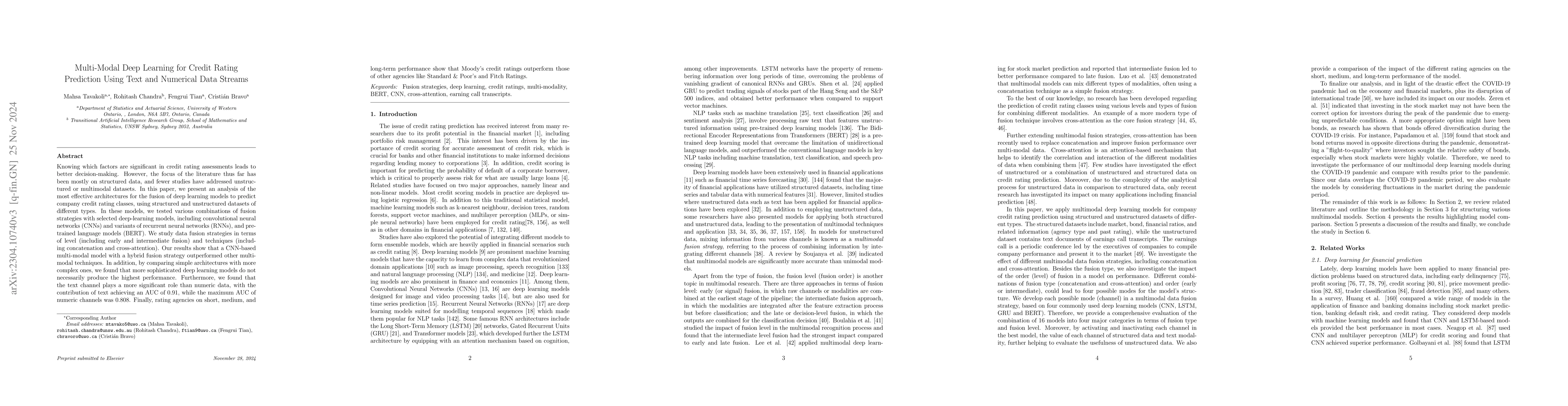 Thumbnail for Multi-Modal Deep Learning for Credit Rating Prediction Using Text and
  Numerical Data Streams
