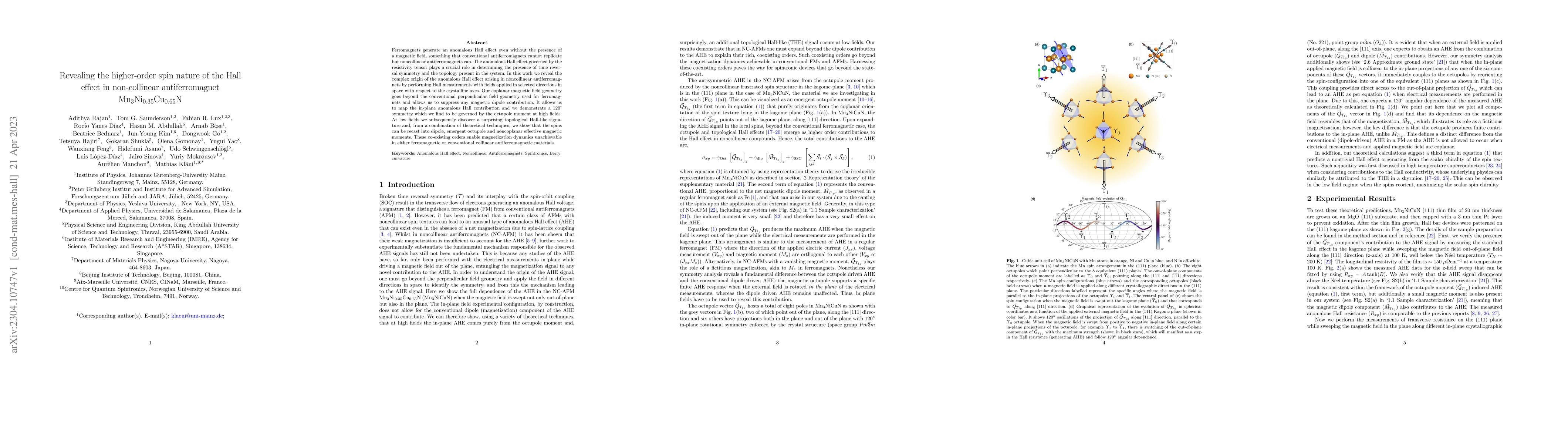 Thumbnail for Revealing the higher-order spin nature of the Hall effect in
  non-collinear antiferromagnet $\mathrm{Mn_3Ni_{0.35}Cu_{0.65}N}$