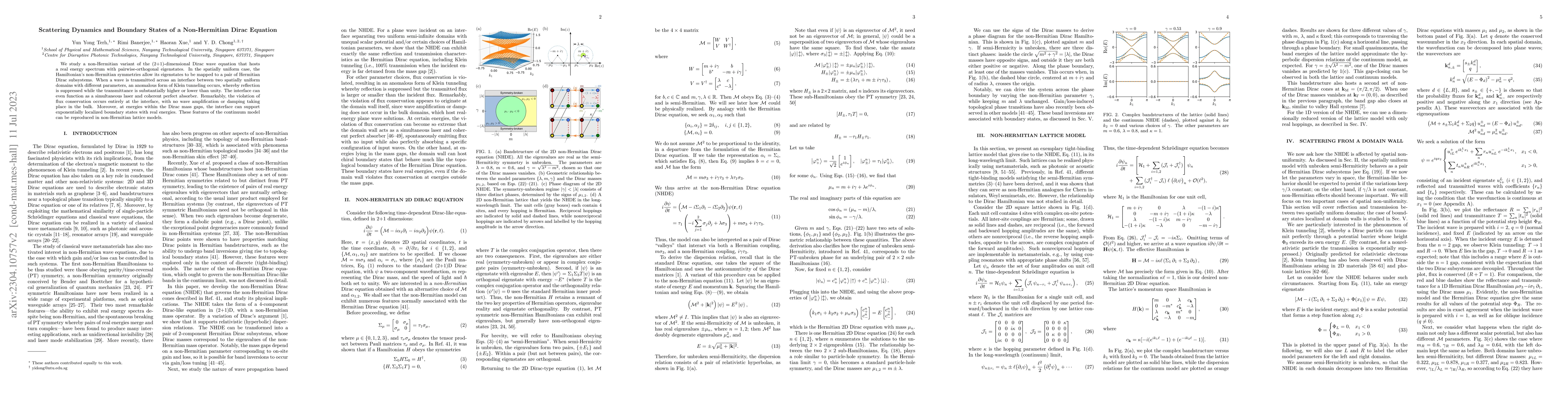 Thumbnail for Scattering Dynamics and Boundary States of a Non-Hermitian Dirac
  Equation