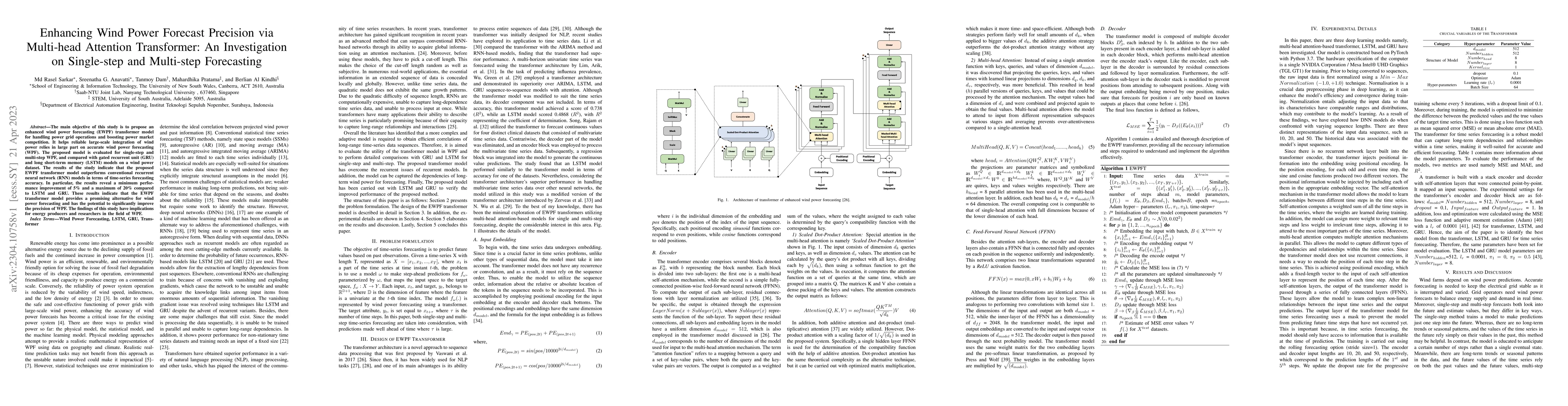 Thumbnail for Enhancing Wind Power Forecast Precision via Multi-head Attention
  Transformer: An Investigation on Single-step and Multi-step Forecasting