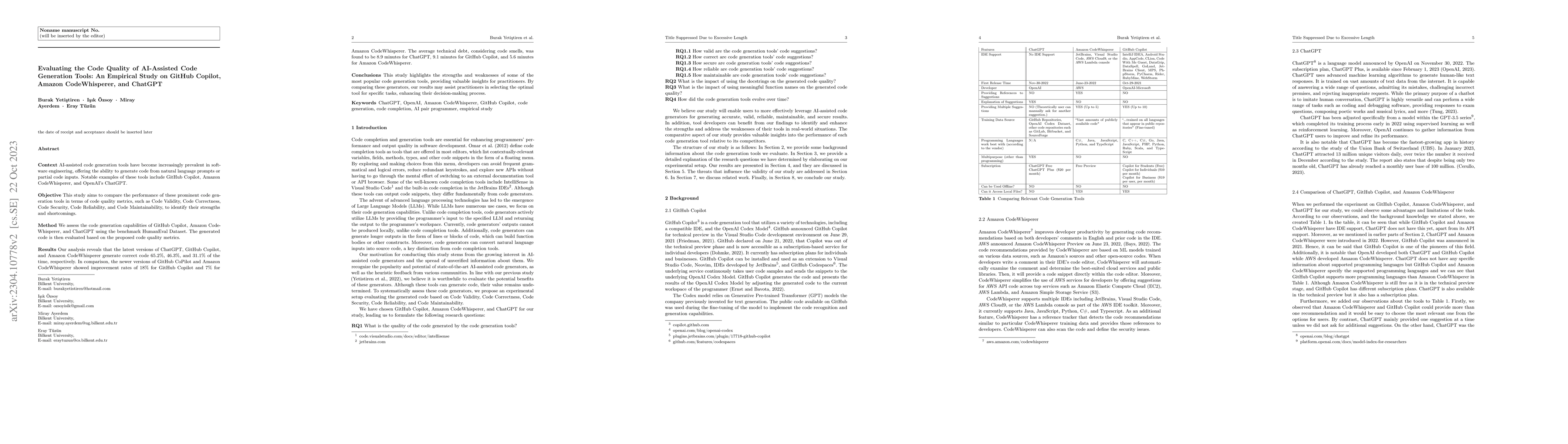 Thumbnail for Evaluating the Code Quality of AI-Assisted Code Generation Tools: An
  Empirical Study on GitHub Copilot, Amazon CodeWhisperer, and ChatGPT