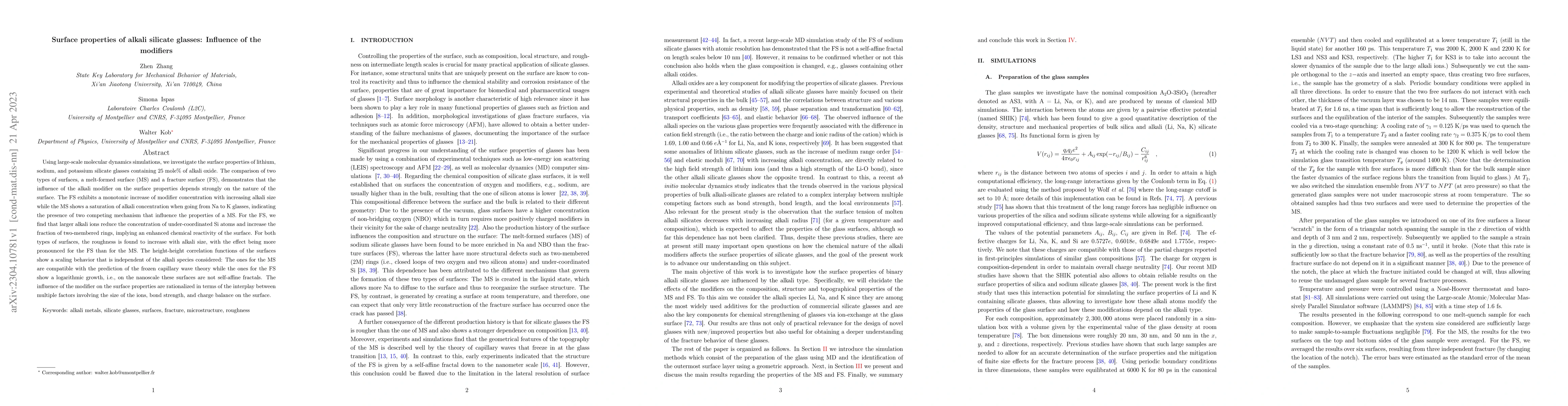 Thumbnail for Surface properties of alkali silicate glasses: Influence of the
  modifiers
