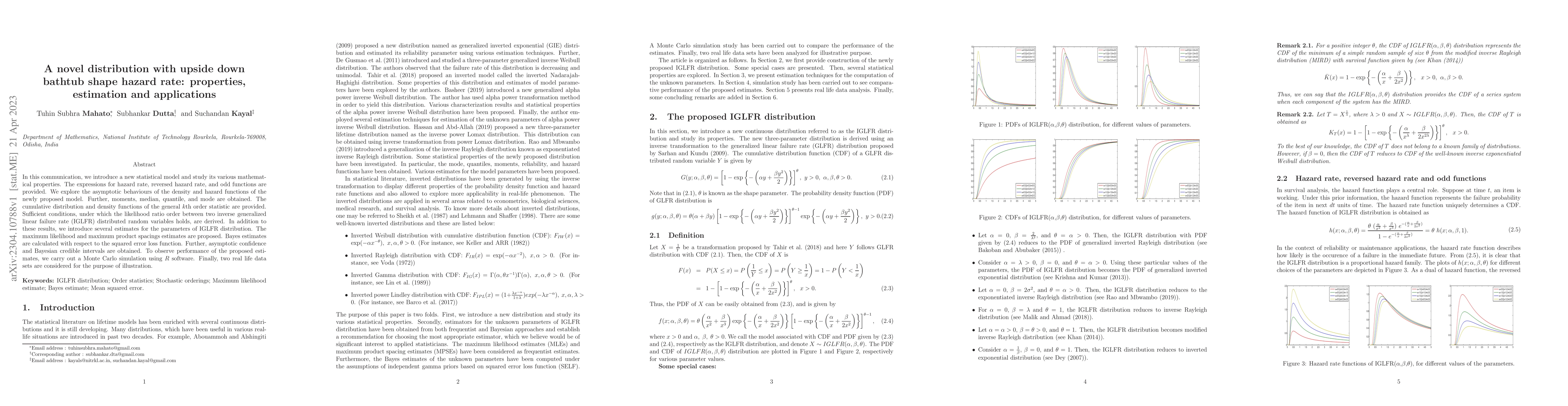 Thumbnail for A novel distribution with upside down bathtub shape hazard rate:
  properties, estimation and applications