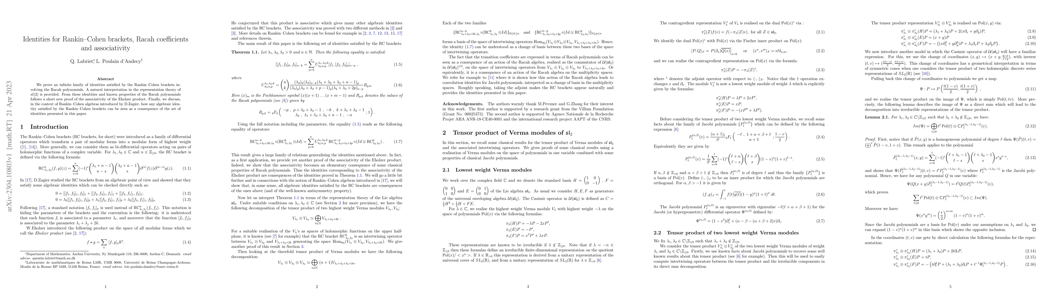 Thumbnail for Identities for Rankin-Cohen brackets, Racah coefficients and
  associativity