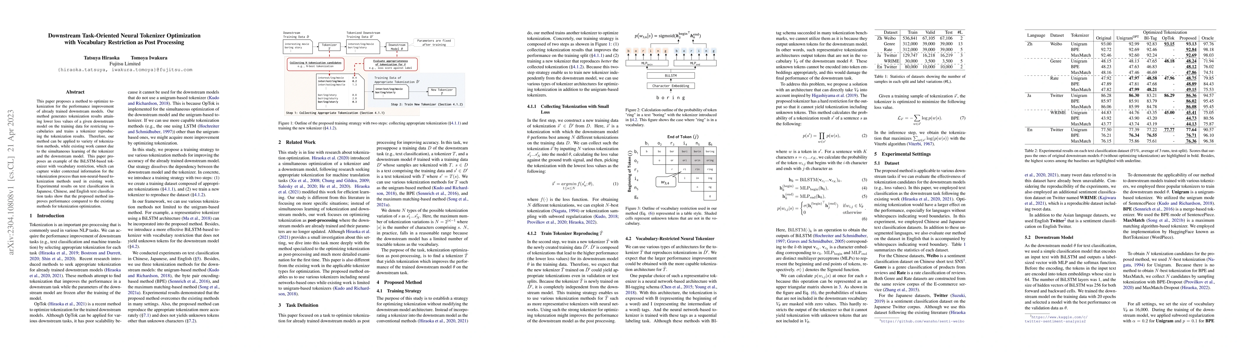 Thumbnail for Downstream Task-Oriented Neural Tokenizer Optimization with Vocabulary
  Restriction as Post Processing