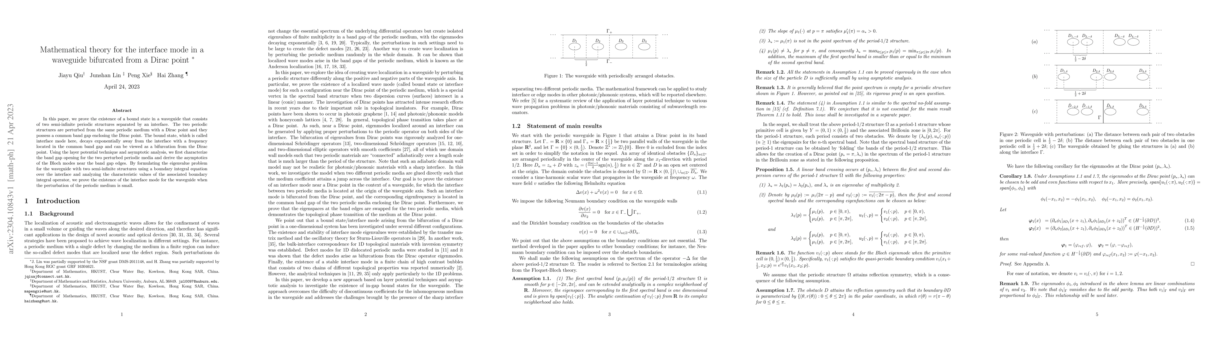 Thumbnail for Mathematical theory for the interface mode in a waveguide bifurcated
  from a Dirac point
