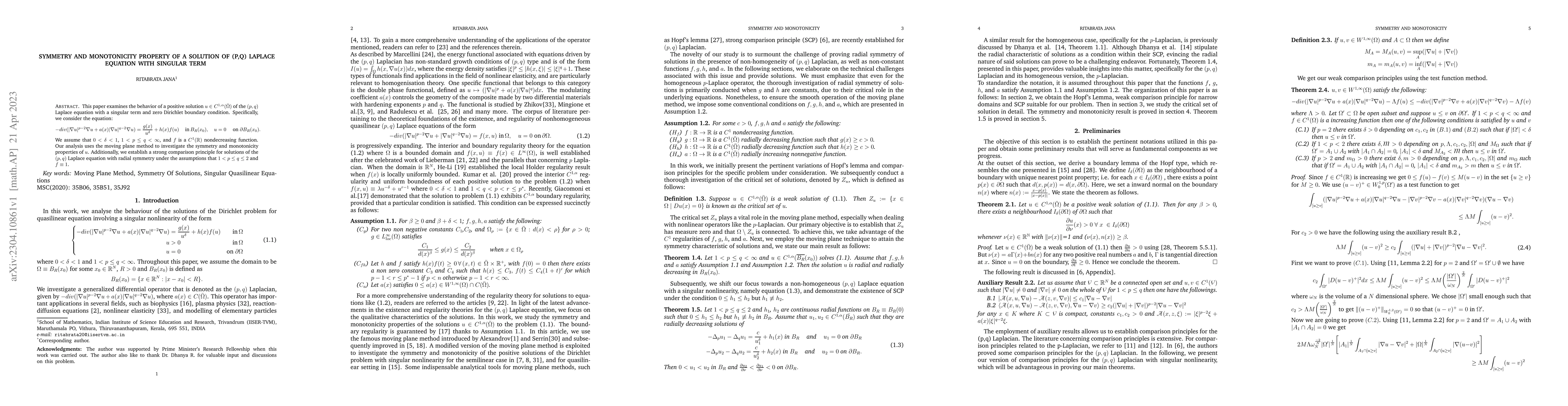 Thumbnail for Symmetry and Monotonicity Property of a Solution of (p,q) Laplace
  Equation with Singular Term